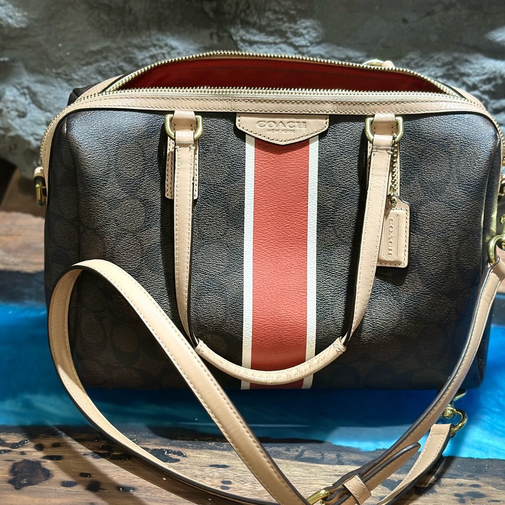 Coach Brown and Cream Satchel with Red Stripe